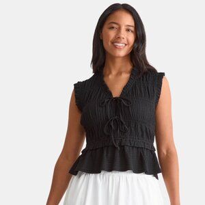 Textured Tie Front Blouse, Black